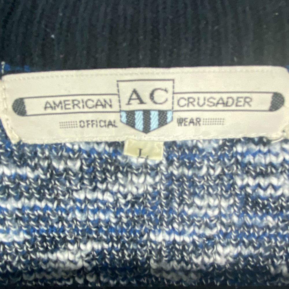 VTG AMERICAN CRUSADER Knit Cardigan Sweater Men's L Blue White Patchwork Grandpa - Picture 5 of 12
